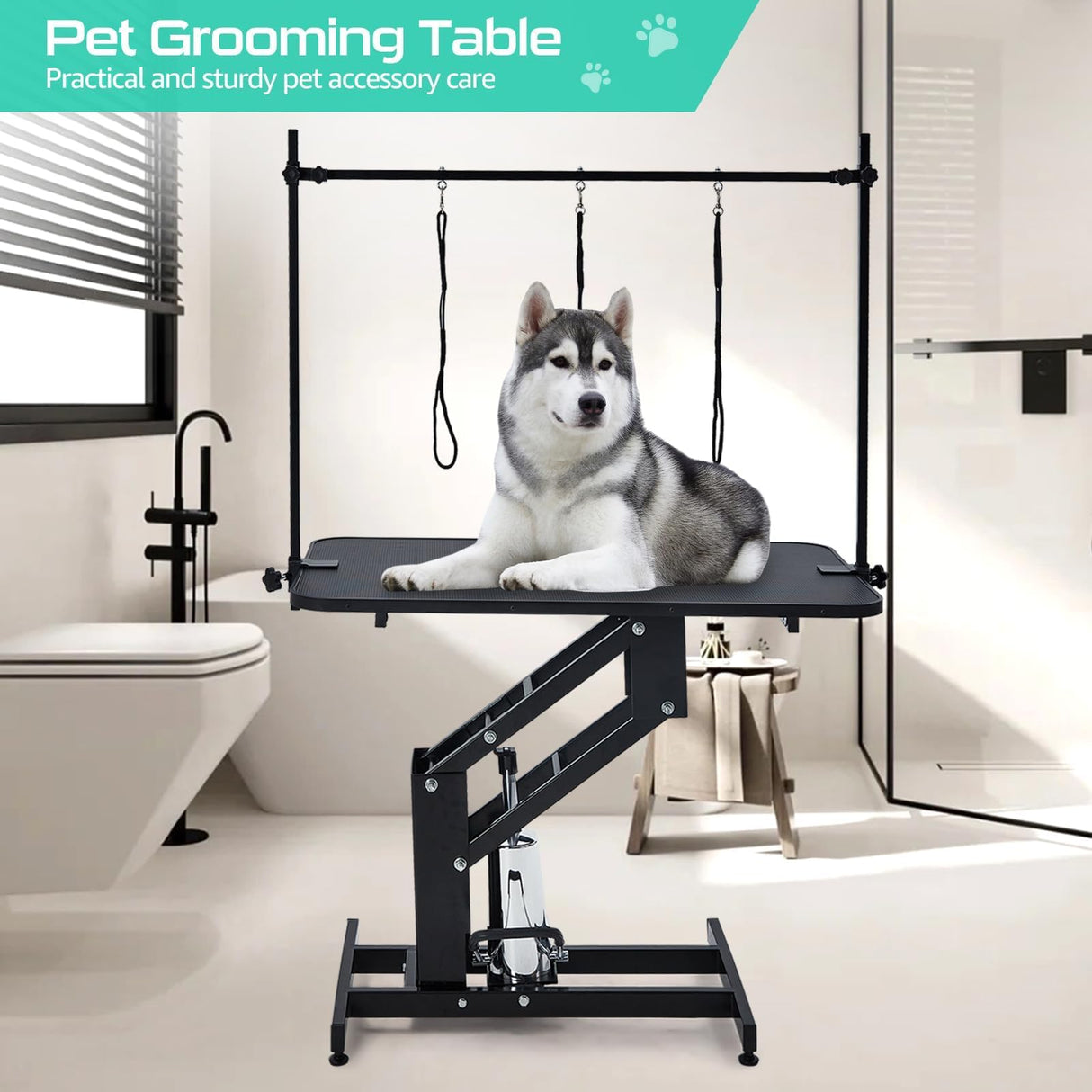 43.6" Pet Grooming Table for Large Dogs, Heavy Duty Height Adjustable Dog Grooming Table With Overhead Arm & Noose Height Range 22''-39'', Maximum Capacity Up to 350 Lbs, Black Towallmark