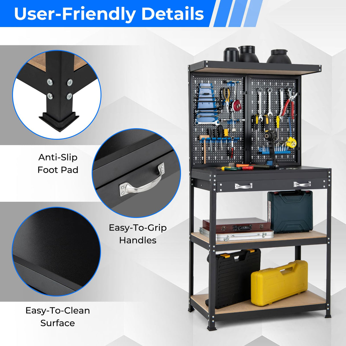 Goplus Workbench with Pegboard, 32" x 16" Multi-use Workbench with 2 Tires of Shelves, Topping Space, Drawer, Robust Metal Frame, Heavy-Duty Work Table Tool Storage Bench for Workshop Garage Goplus