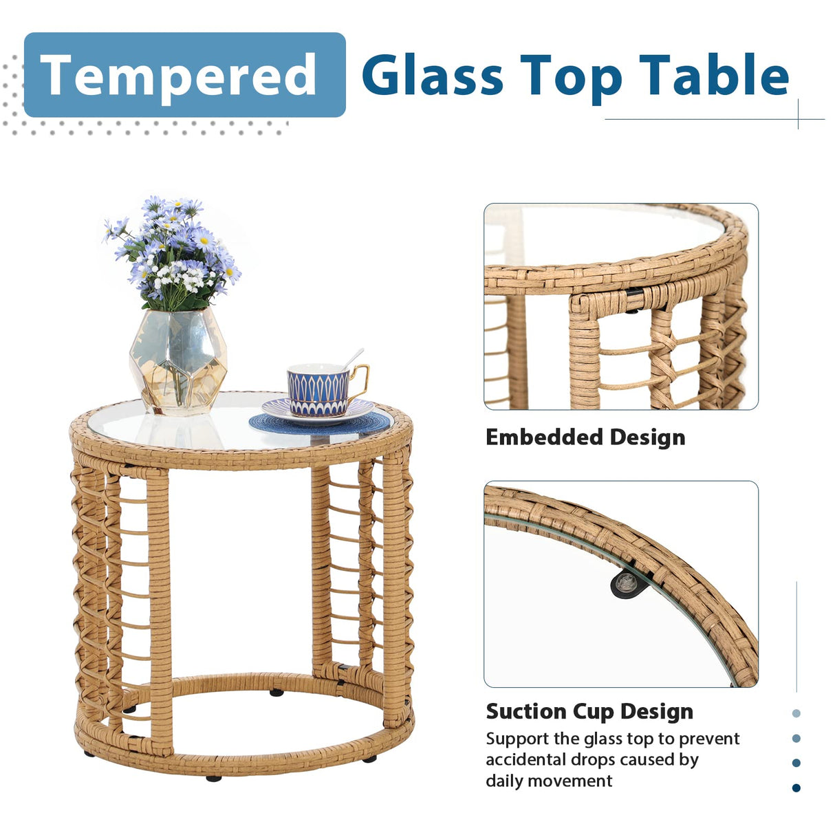 JOIVI 5 Piece Patio Bistro Set, Wicker Outdoor Patio Set with Upgraded Chairs and Ottomans, Round Glass Top Coffee Side Table, Patio Rattan Conversation Set for Balcony, Lawn, Garden, Backyard, Gray JOIVI