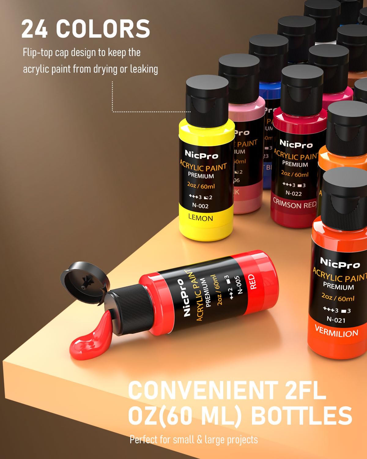 Nicpro 24 Colors Acrylic Paint Set (2 oz, 60 ml) with 12 Brushes, Non Toxic Art Supplies Kit for Rock Painting, Multi Surface Canvas Clay Wood Fabric Craft Ceramic, for Kid & Adult Beginner Nicpro