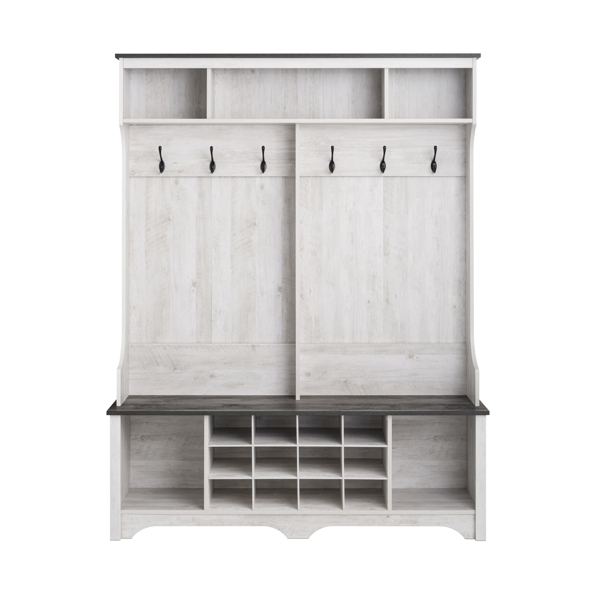 Prepac Farmhouse Washed White Hall Tree, Shoe Cabinet, Storage Cabinet with 12 Shoe Cubbies, 2 Boot Cubbies and 6 Double Coat Hooks 15.5" D x 60" W x 77" H Prepac