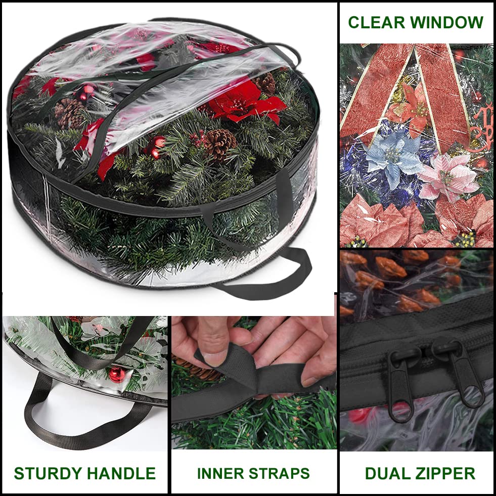 ProPik Christmas Wreath Storage Bag 30" - 2 Pack Clear Christmas Wreath Storage Container- Garland Holiday Artificial Wreath Storage Holder –Water Proof Transparent Clear PVC (30 Inch, Black) ProPik