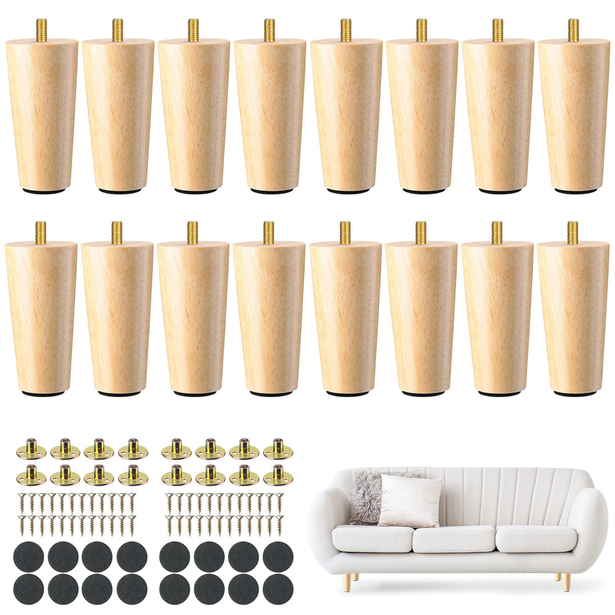 Maitys 4 Inch Round Solid Furniture Legs Furniture Wooden Replacement Feet Chair Dresser Couch Legs Table Cabinet Sofa Legs Footstool DIY Projects for Home (Wood,16 Pcs) Maitys