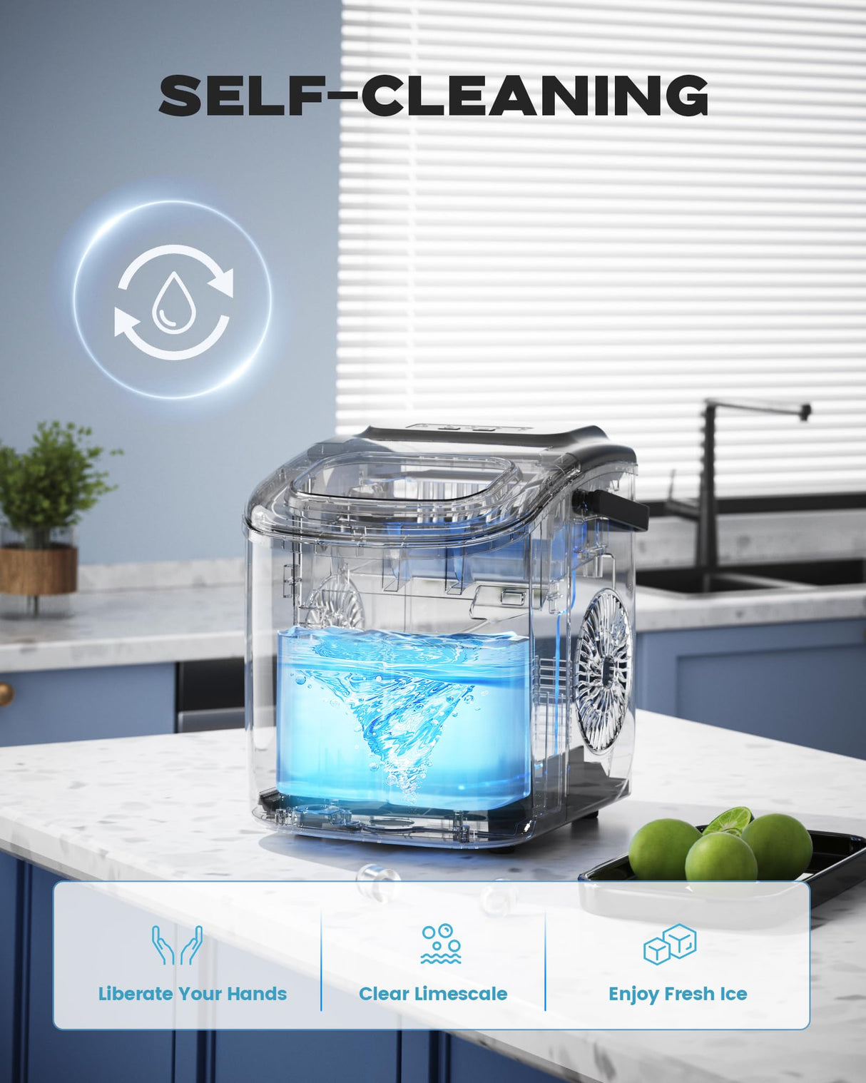 ecozy Ice Makers Countertop, Portable Ice Machine with Carry Handle, Ice in 6Mins, 26 lbs/Day, Auto-Cleaning Ice Maker with Basket and Scoop, for Home/Kitchen/Camping/RV ecozy