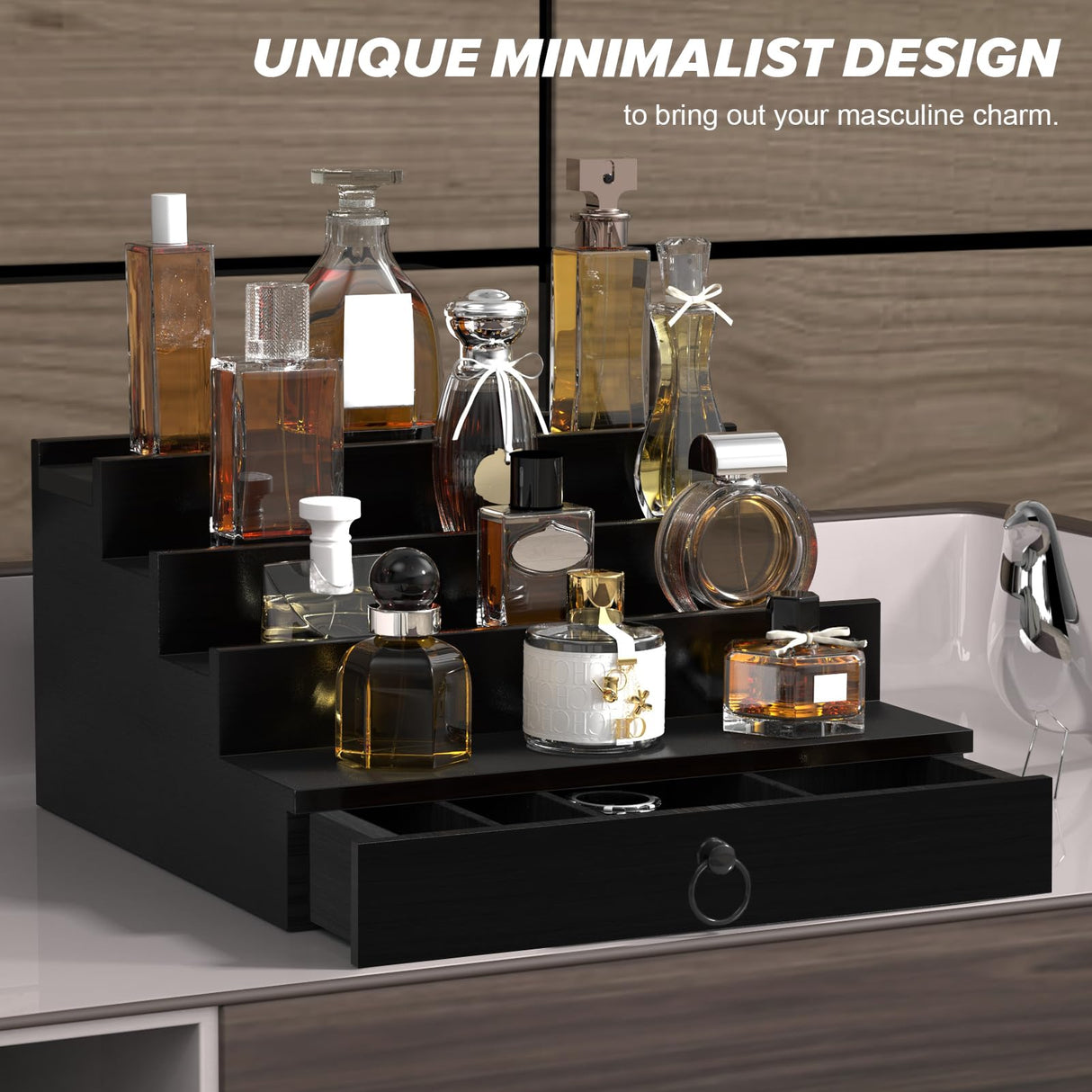 upcessory Cologne Organizer for Men, 4 Tier Black Wood Perfume Organizer with Felt Lining Drawer and Hidden Compartment, Perfume Display Holder, A Gift for Men upcessory