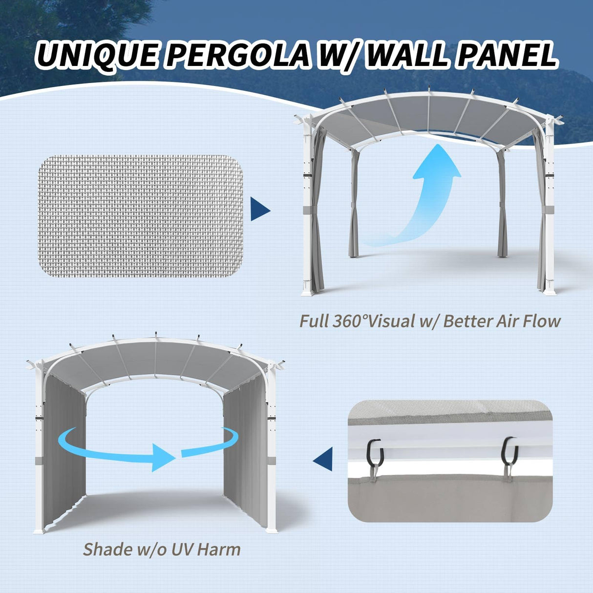 INTER HUT 11'x11' Patio Pergola Canopy with Full Closure Sidewalls, Outdoor Metal Gazebo Pergola with Privacy Curtains, Gray INTER HUT