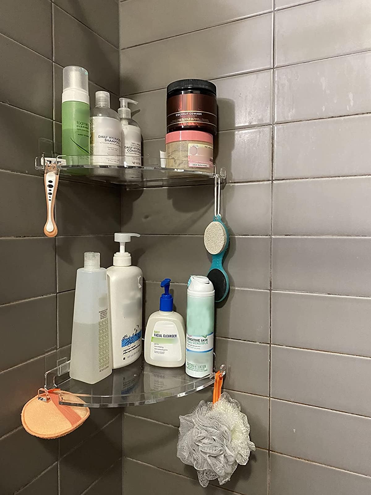 JiePai Acrylic Corner Shower Caddy Shelf with Hooks 2 Pack, Adhesive Wall Mounted Bathroom Shower Organizer for Inside Shower & Kitchen Storage, Space-Saving Design JiePai