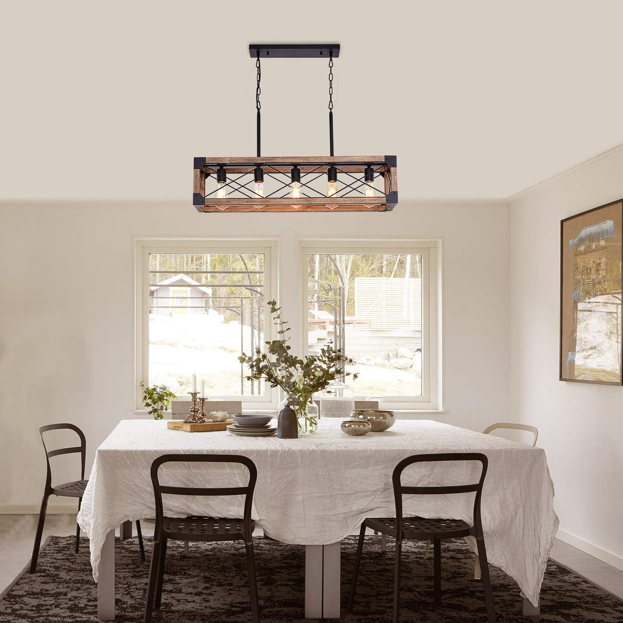 Airposta Kitchen Island Lighting, 33.5-Inch 5 Lights Farmhouse Linear Chandelier for Dining Room Pool Table Pendant Light Fixture, Rustic Wood Grain Finish, Industrial Pendant Light Airposta