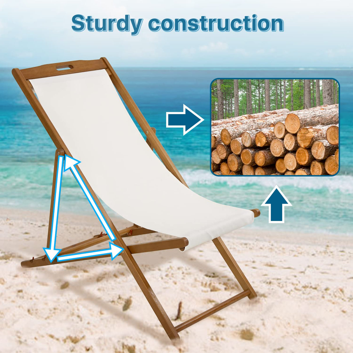 Beach Sling Chair Set of 2, Outdoor Folding Wood Beach Chair with White Polyester Canvas, 3 Level Adjustable Height Patio Lounge Chair Dkeli