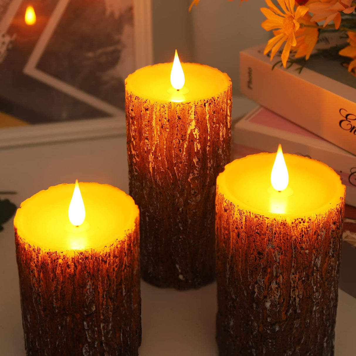 Enpornk Flameless Candles Battery Operated Pillar Pine Effect Real Wax Flickering 3D Wick Electric LED Decorative Candle Sets with Remote Control Cycling 24 Hours Timer, 4" 5" 6" Pack of 3 Enpornk