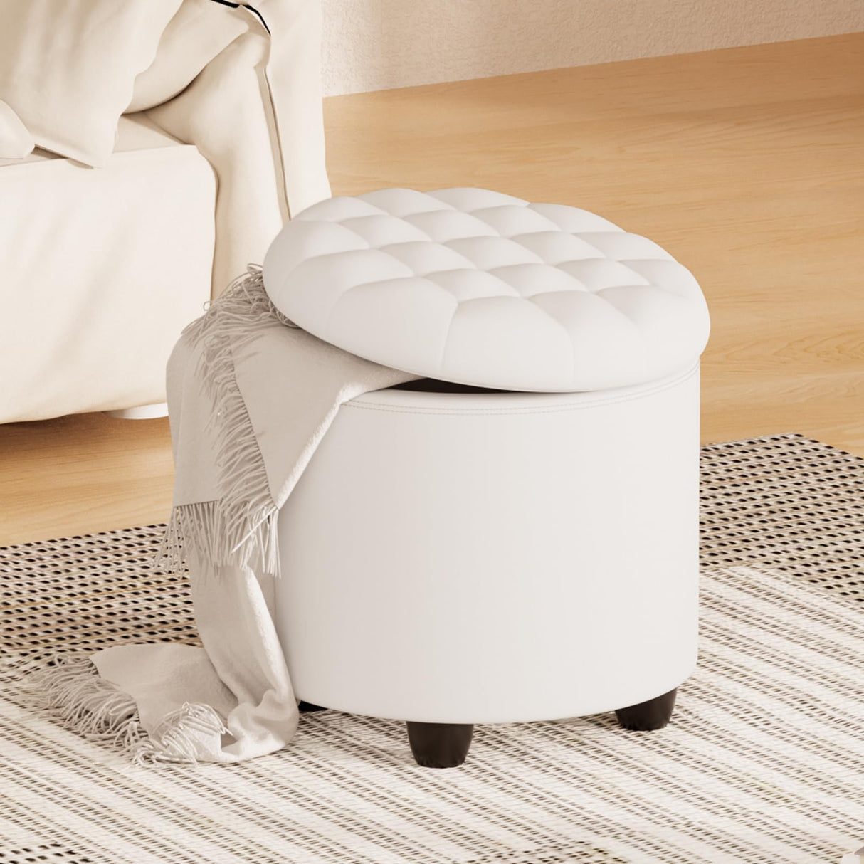 Furniliving Upholstered Button Tufted Round Ottoman, PU Storage Ottoman Round, Removable Lid Convenient Footstools, Classic Ottoman with Storage for Vanity, Nursery Room,IvoryWhite Furniliving