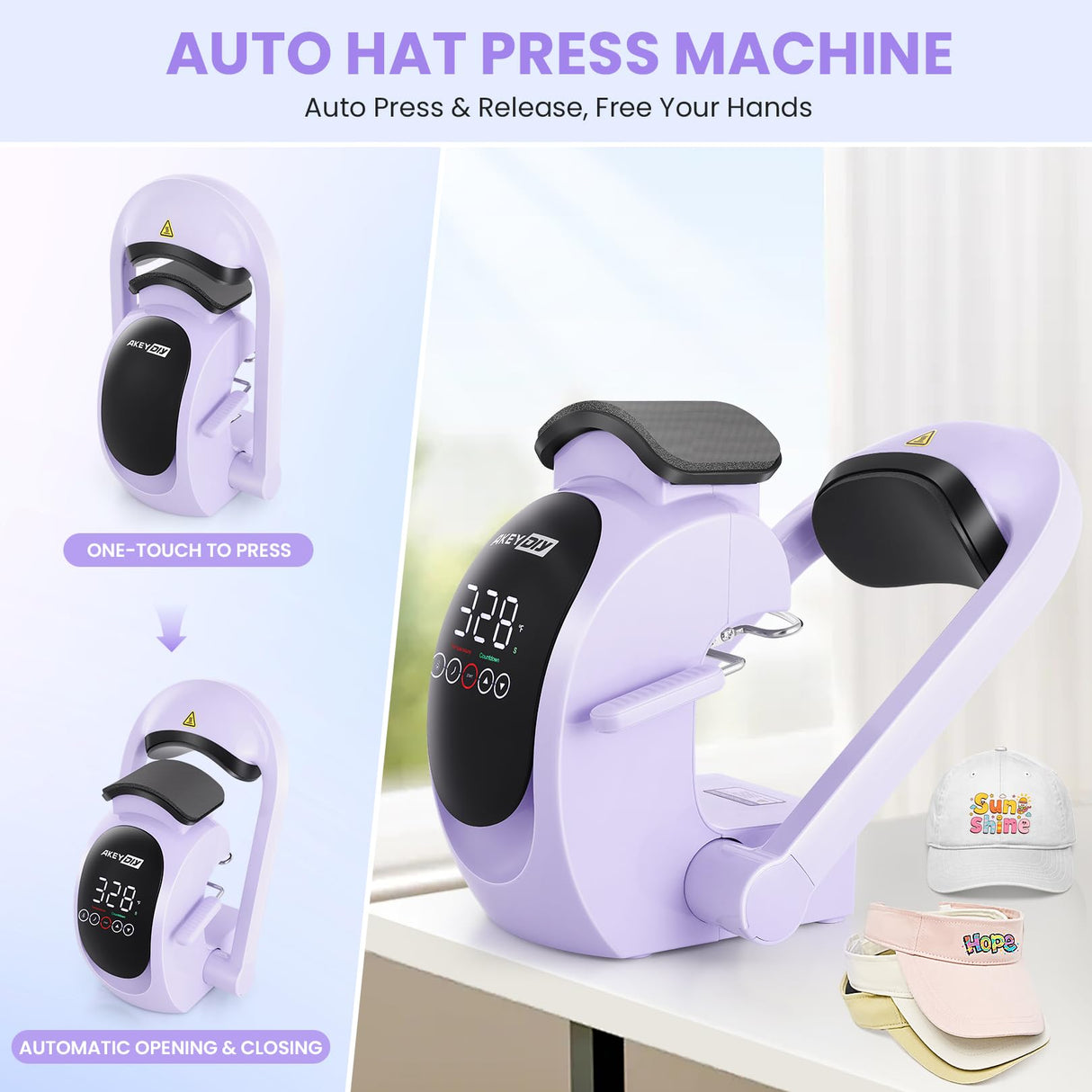 AKEYDIY Auto Hat Heat Press Machine for Caps, Automatic Release & Press, Automatic Hat Press, Heat Press Machine for Caps T-Shirts Bags, DIY Sublimation (Purple) AKEYDIY