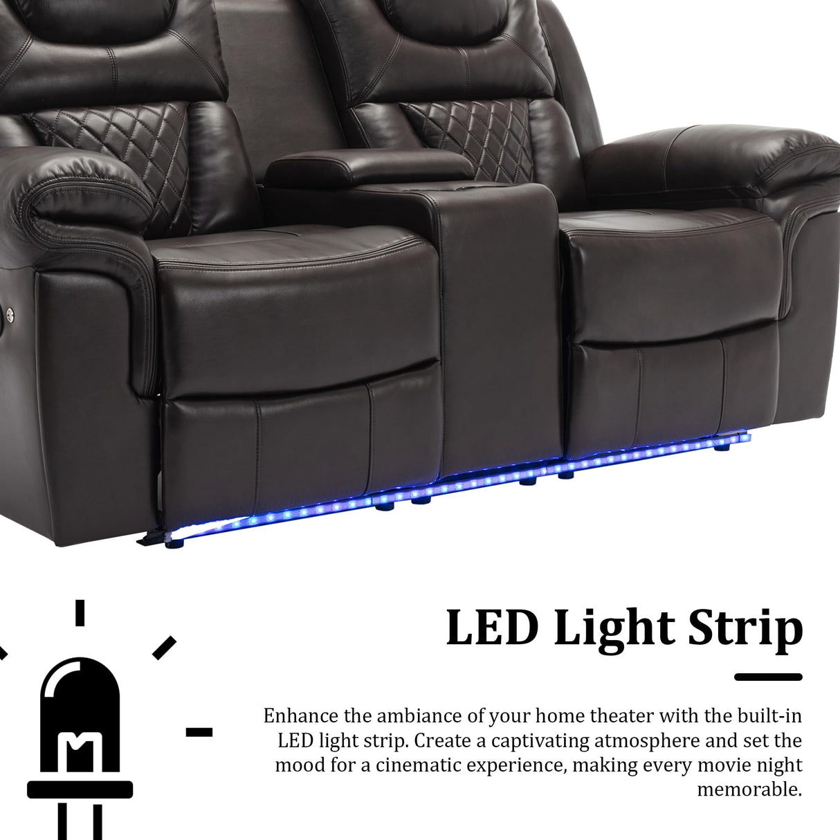 Olodumare Leather Reclining Sofa Set,Home Theater Seating with Center Console, LED Light Strip, and Storage Cup Holders, 2 Seater for Living Room,Office,Home Theater,RV. Loveseat(Brown) Olodumare