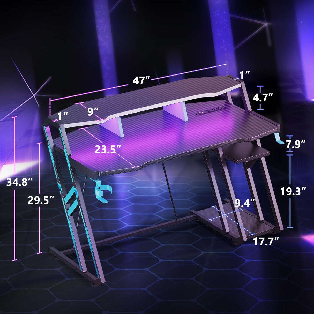 MOTPK Gaming Desk with Power Outlet & LED Lights, Gaming Computer Desk 47inch with PC Storage Shelf, Gaming Table with Carbon Fiber Texture, Gamer Desk, Gift for Boys Men, Black MOTPK