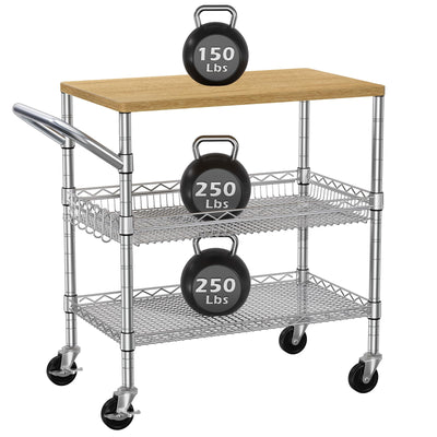 3 Tier Rolling Kitchen Carts on Wheels with Storage,650Lbs Heavy Duty Utility Carts with Wheels,Kitchen Island with Wood Tabletop,Metal Serving Rolling Cart for Small Appliance Food Cart,Wood+Metal