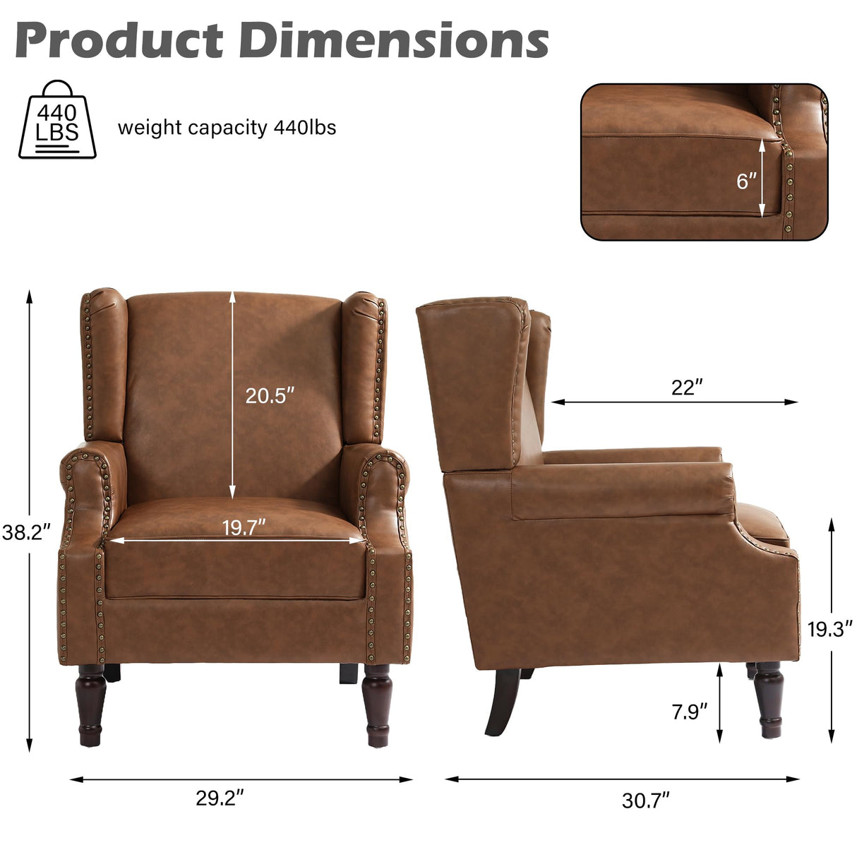 UIXE PU Leather High Back Accent Chair, Upholstered Armchair for Living Room, Retro Wingback Arm Chair Nailhead Trim Single Sofa Bedroom Reading Seat with Solid Wood Legs - Brown UIXE