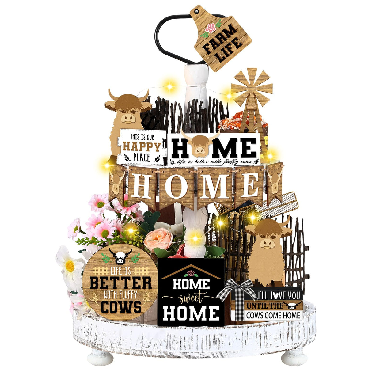 Soaoo 16 Pcs Highland Cow Tiered Tray Decor Gnome Plush Tray Decor Farmhouse Rustic Wood Table Signs with String Lights for Holiday Table Centerpieces Home(Highland Cow) Soaoo