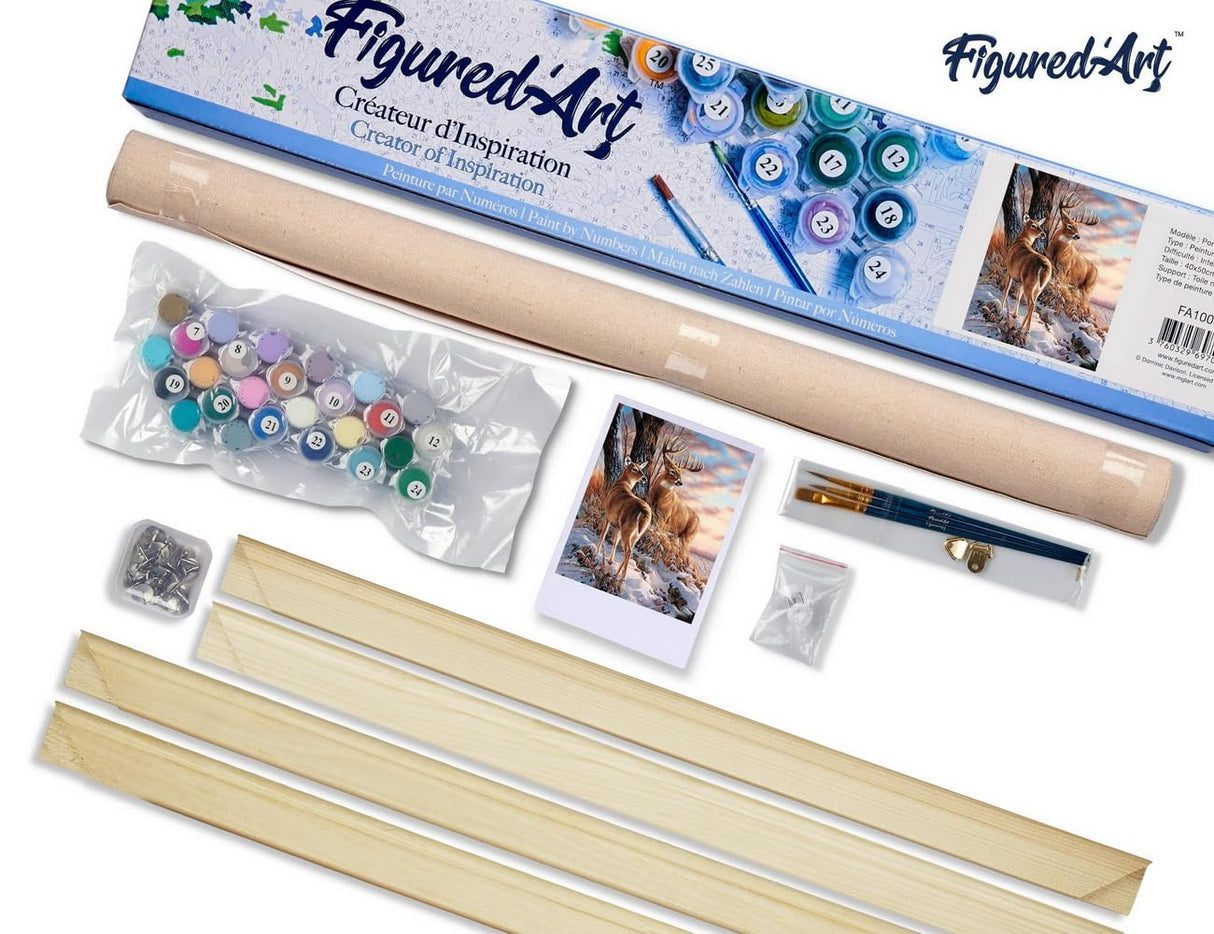 Figured'Art Paint by Numbers Kit for Adults Deers During Winter 16"x20" - Craft Art Painting Rolled Canvas with DIY Wooden Frame Figured'Art