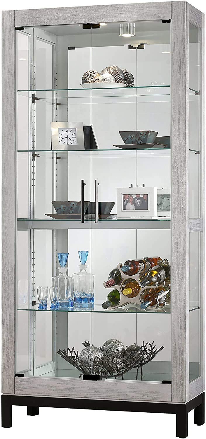 Howard Miller Quinn II Curio Cabinet 680-599 – Burnished Silver Finish Home Decor, Four Glass Shelves, Five Level Display Case, No-Reach Roller Halogen Light Howard Miller