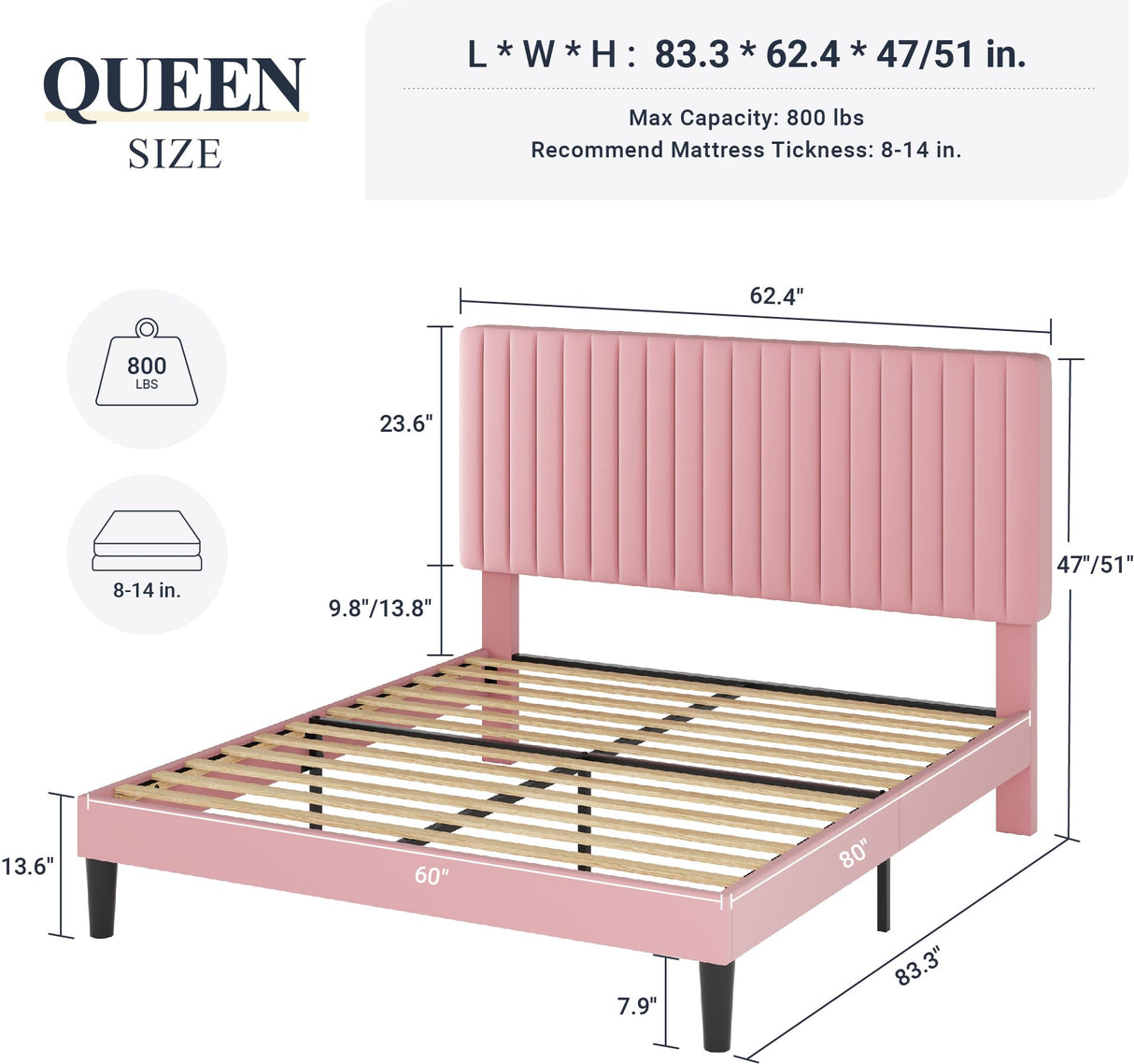 Allewie Queen Bed Frame, Velvet Upholstered Platform Bed with Adjustable Vertical Channel Tufted Headboard, Mattress Foundation with Strong Wooden Slats, Box Spring Optional, Easy Assembly, Pink Allewie