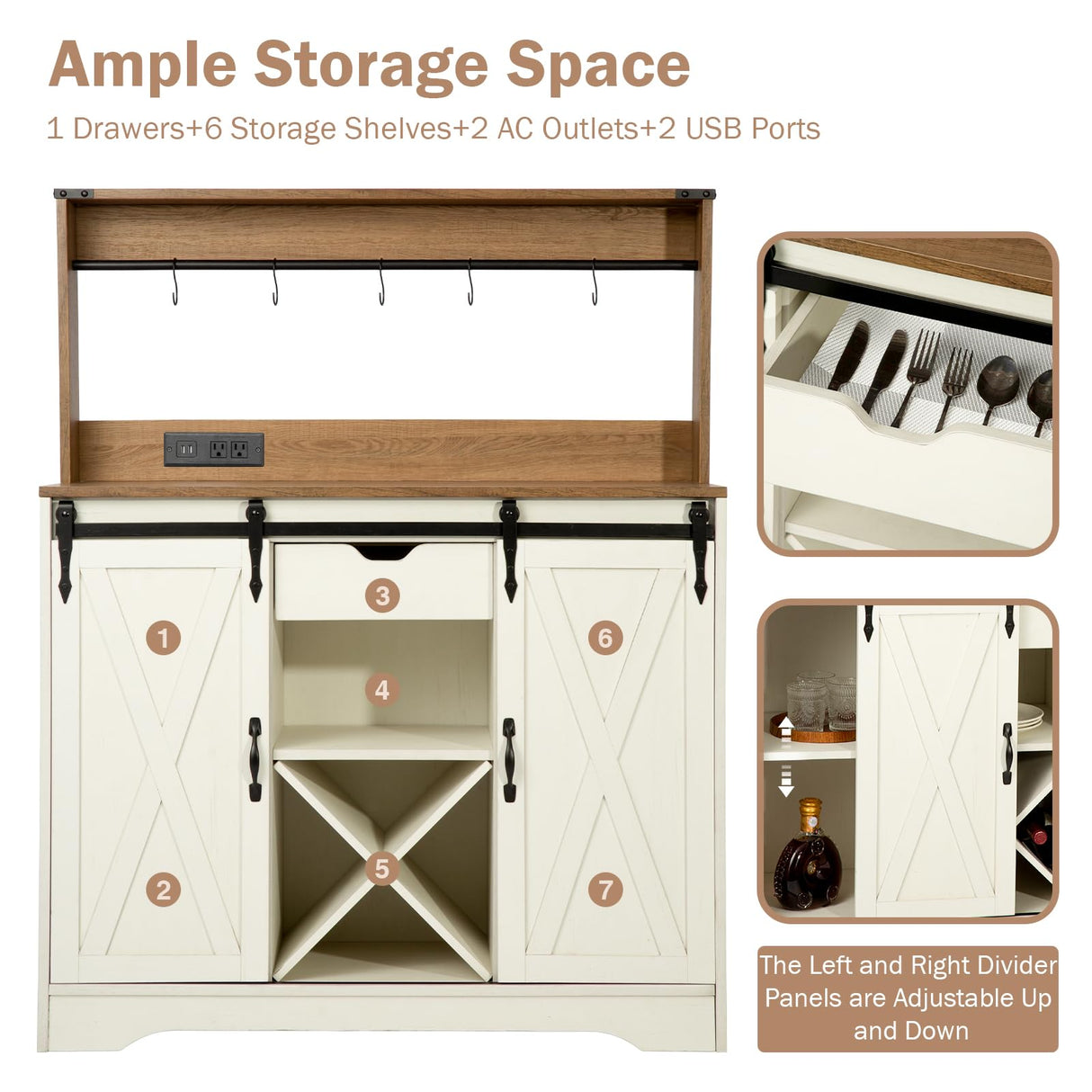 Wnutrees Farmhouse Coffee Bar Cabinet with Charging Station and USB Ports,Sliding Barn Door,39" Kitchen Hutch Sideboard Buffet Storage Cabinet,Fits Kitchen Dining Living Room, Antique White Wnutrees