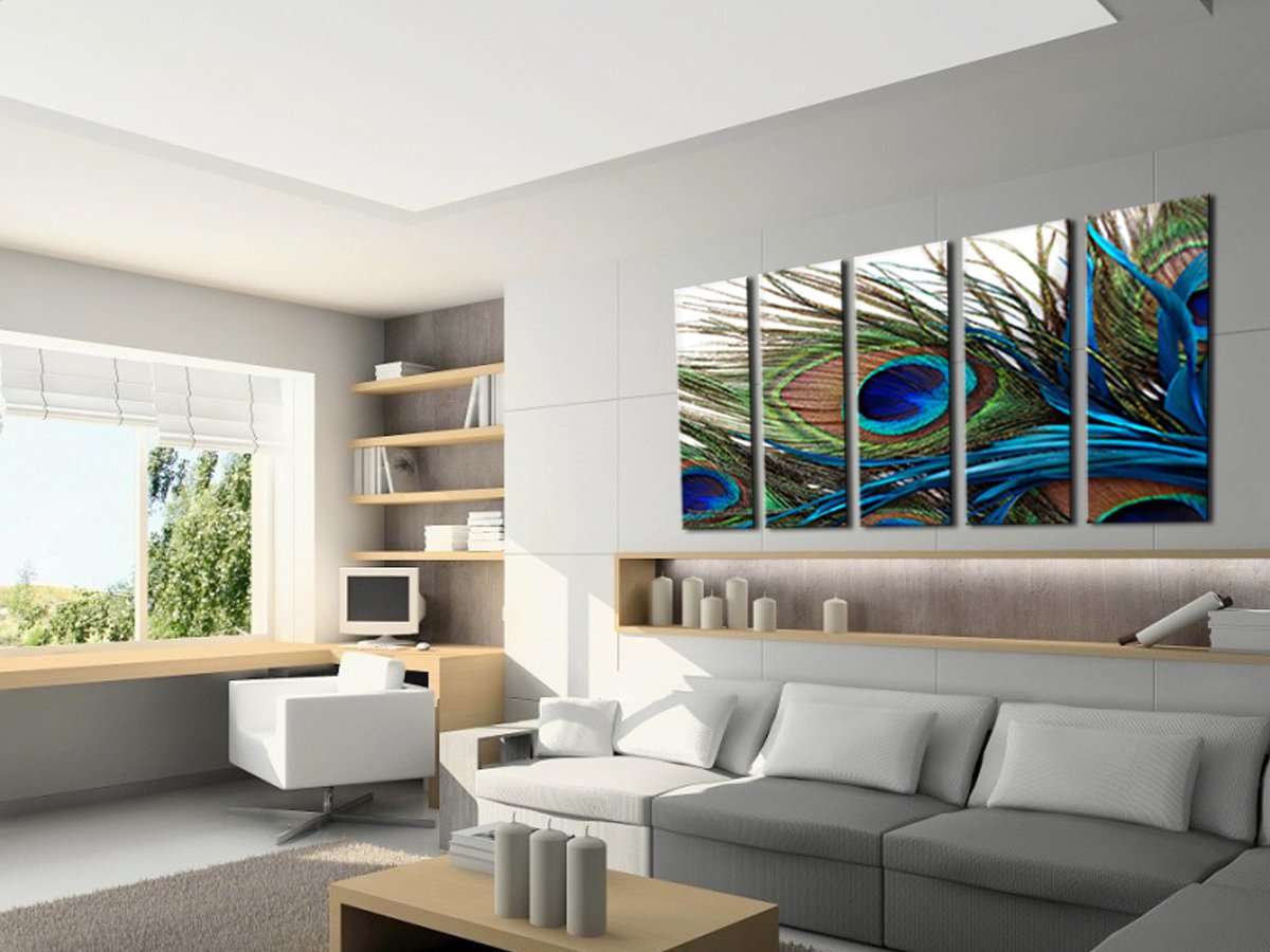 Wall Art for Living Room Bedroom Decoration Peacock Painting Canvas Print Framed Art Animal Feather Plume Modern Art for Office Wall Décor Teal Blue Green 5 Panels Large Size CANVASZON
