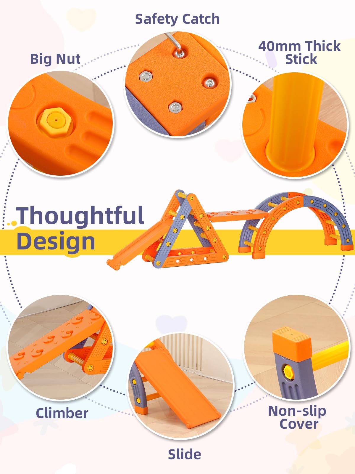 VBABY Climbing Toys for Toddlers 1-6, Pikler Triangle Set 4 in 1, Plastic Indoor Toddler Climbing Toys, Foldable Montessori Pikler Climbing Set, Outdoor Climbing Toys for Kids, Orange & Blue VBABY