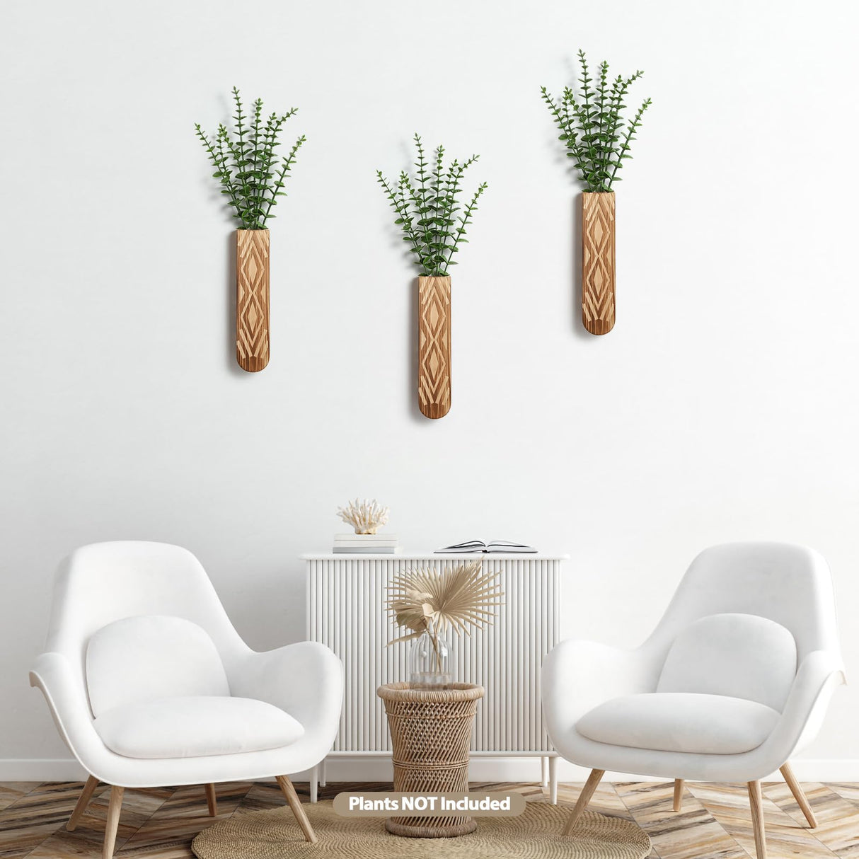 WEWEOW Wall Planter, Geometric Pattern Wall Vase for Living Room and Farmhouse Wall Decor, 3 Pack Hanging Planter for Holding Dried Flowers and Faux Greenery, Modern Wood Planter WEWEOW