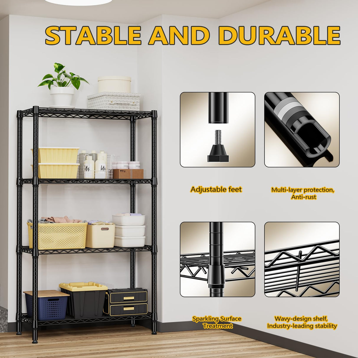 M MZG 1000 lbs 4 Tier Shelf Metal Storage Shelves Shelving Wire Rack Heavy Duty Closet Organizers for Garage Kitchen Bathroom Laundry Black 15.7" D x 33.5" W x 59.5" H M MZG