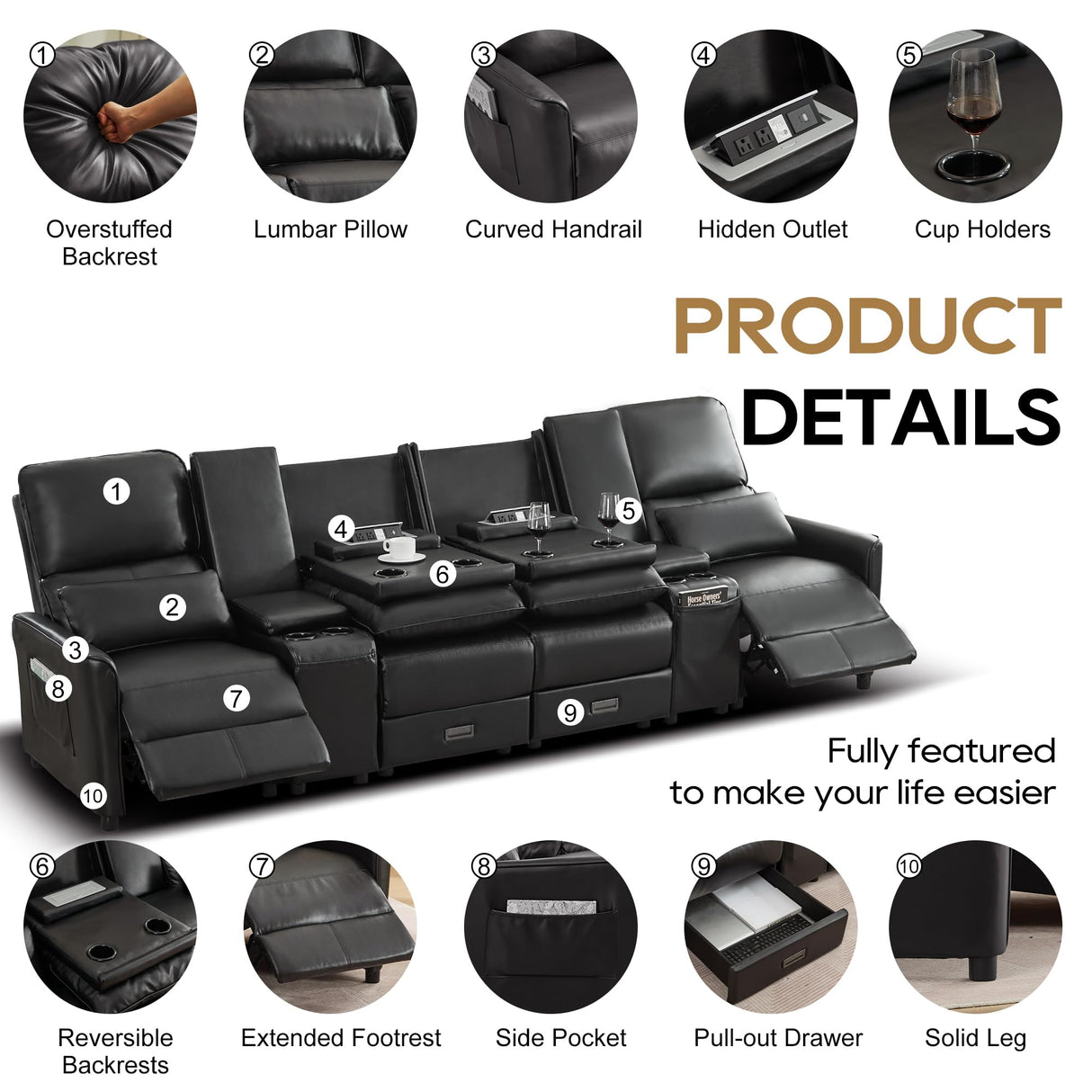 DRMBOOK 118'' RV 4 Seater Recliner Sofa, Faux Leather Three Camper Couch 4 Seater Recliner, Home Movie Theater Seating Chair, 4 Person Push Back Recliners for Living Room, Black DRMBOOK