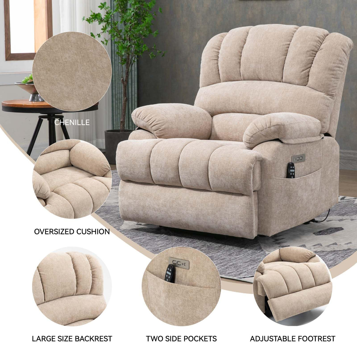 Large Power Lift Recliner Chairs with Massage and Heat for Elderly, Heavy Duty and Safety Motion Reclining Mechanism Chenille Skid Fabric Recliner Chair with USB Ports for Living Room (Beige) MTSVMP