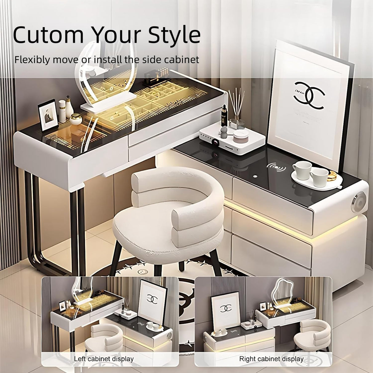 BLOVARI Luxury Makeup Vanity Table with Drawers, Wireless Charging Station & Speaker, Solid Wood Vanity Desk with LED Smart Makeup Mirror for Bedroom 48" BLOVARI