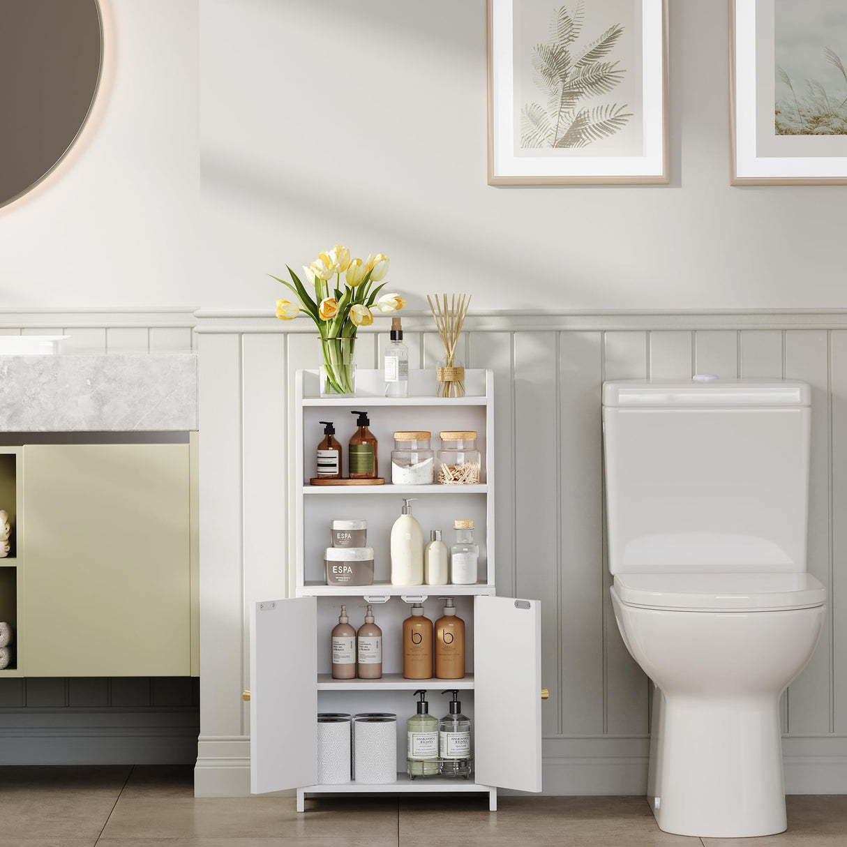 GLANZALANT Bathroom Cabinet with 2 Doors, Small Freestanding Storage Cabinet with Adjustable Shelf, Slim Bathroom Organizers, Floor Cabinet for Small Spaces, Bathroom, 7.9" D x 14.7" W x 32" H, White GLANZALANT