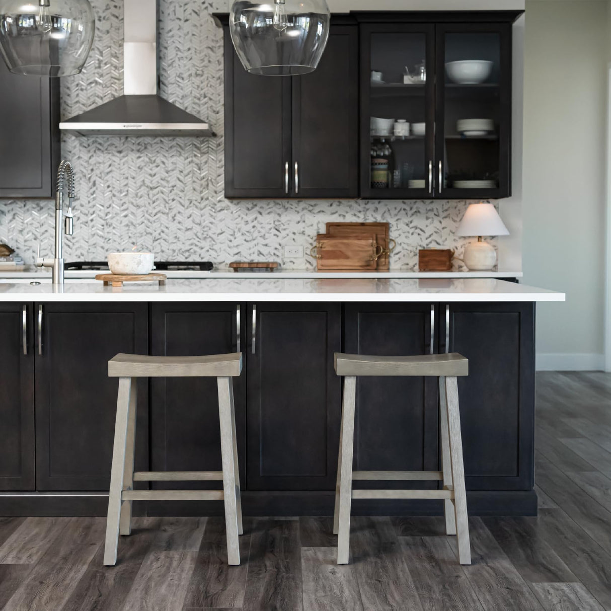 Maven Lane Kitchen Bar Stool, Modern Farmhouse Wood Counter Barstool, Kitchen Island Stool, Counter Height Bar Stools for Kitchen, Wide Seat Backless Bar Stools, Vincent 26", Antiqued Grey, Set of 2 Maven Lane