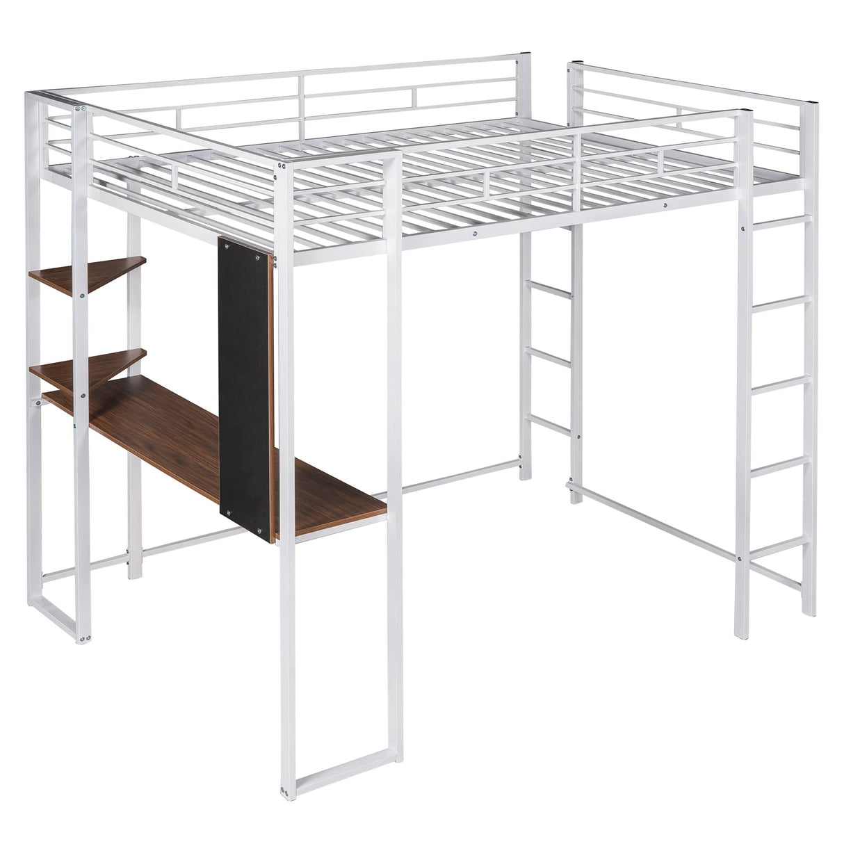 Merax Full Size Metal Loft Bed with 2 Shelves and one Desk,Full Loft Bed,Easy Assembly, No Box Spring Needed, White Merax