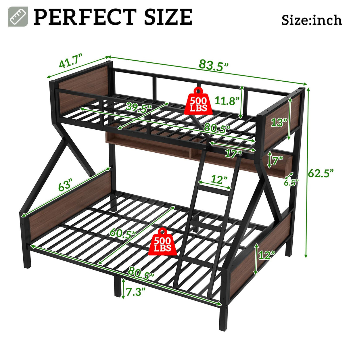 HKOLIE Twin XL Over Queen Bunk Bed with Storage Shelves & LED Lights, Heavy Duty Metal Bunk Bed Frame with Stairs, Noise-Free Design, Space-Saving Bed with Guardrails for Kids, Teens & Adults, Black HKOLIE