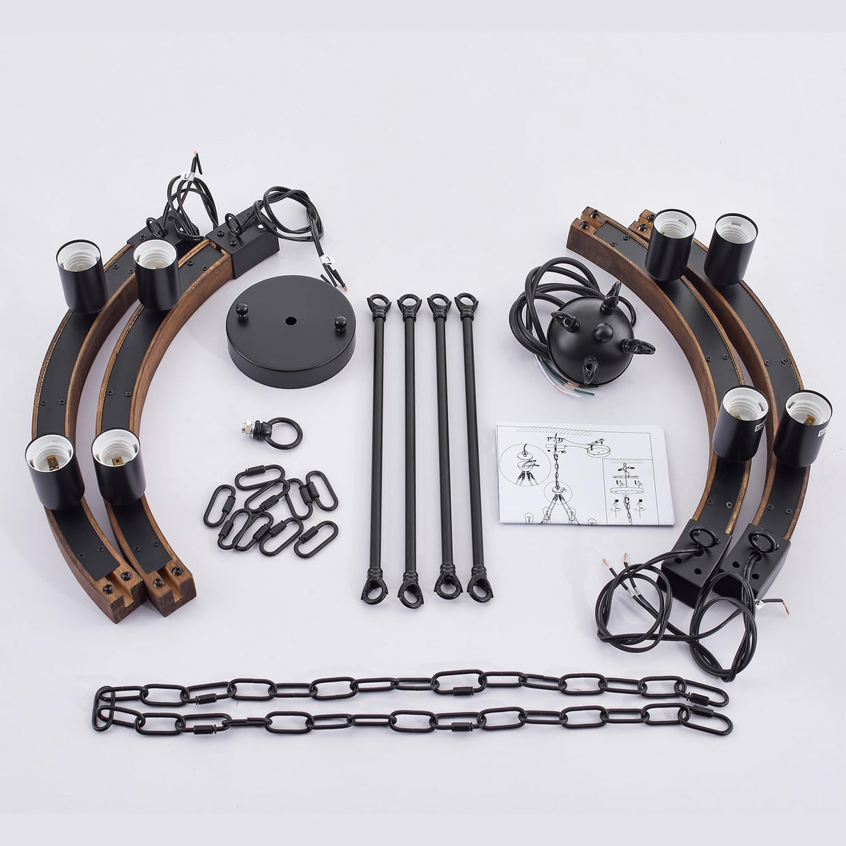 brfaixla 8 Lights 23.6'' Wooden Wagon Wheel Chandelier Farmhouse, Black Metal Ceiling Pendant Light Industrial Vintage Rustic Round Wood Chandeliers for Living Dining Room Kitchen Entryway Foyer brfaixla