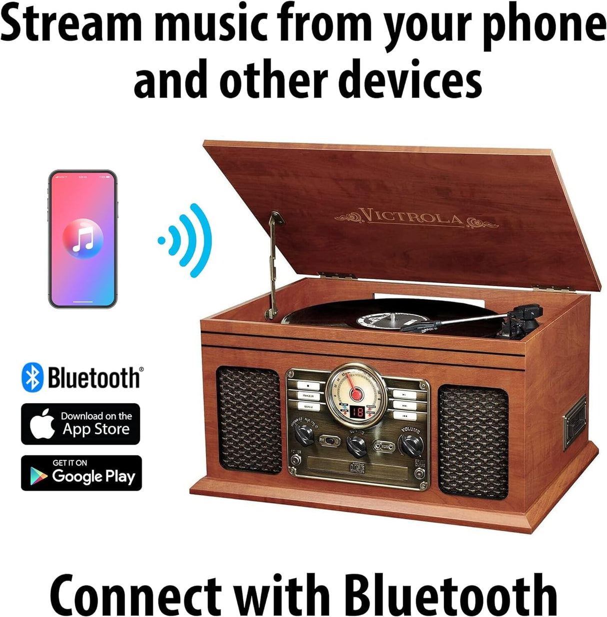 Victrola Nostalgic 6-in-1 Bluetooth Record Player & Multimedia Center with Built-in Speakers - 3-Speed Turntable, CD & Cassette Player, FM Radio | Wireless Music Streaming | Mahogany Victrola