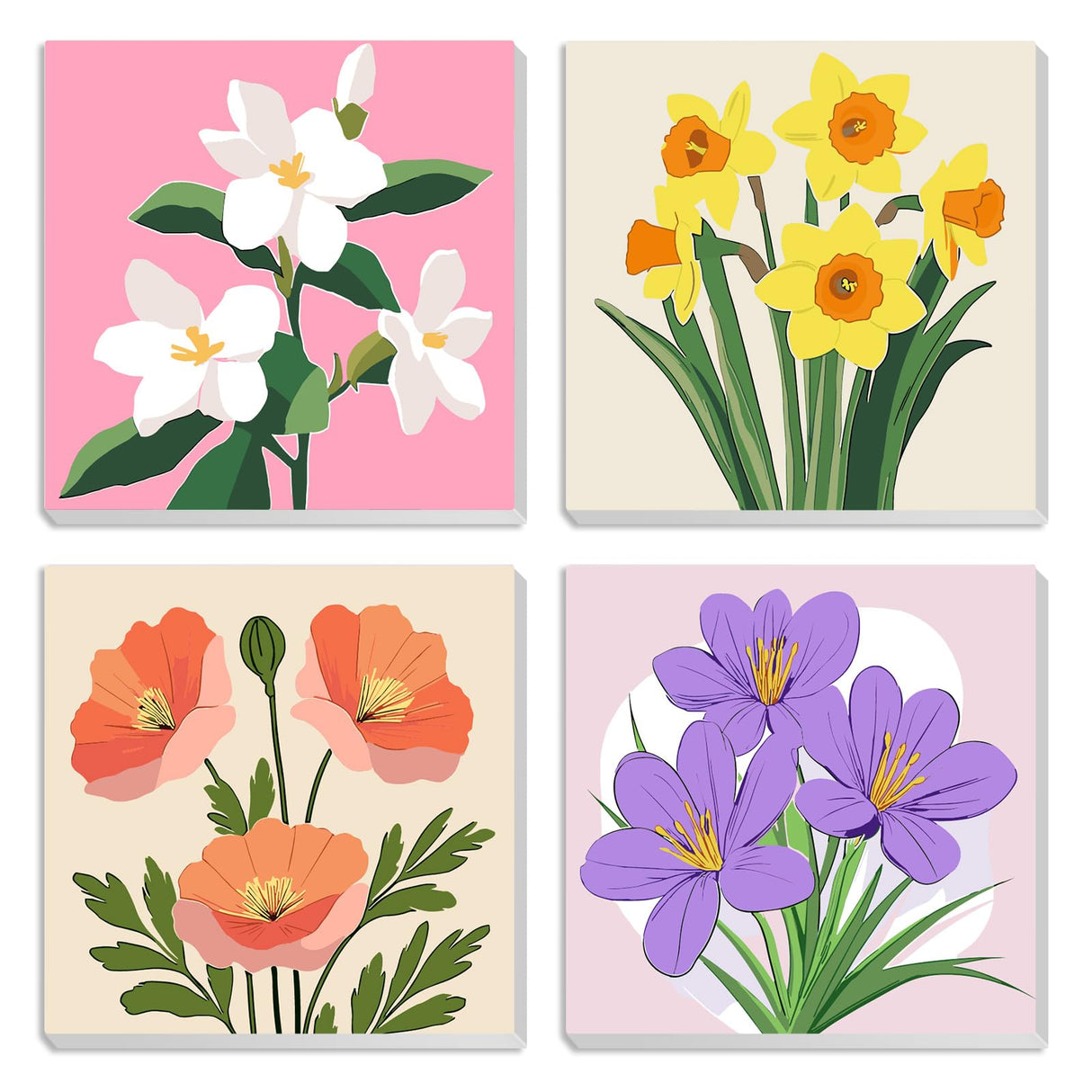 MXJSUA 4 Pack Flowers Paint by Numbers Kit with Framed Canvas for Ages 6-12 Kids, Paint by Numbers Kits for Adult Beginners, Acrylic Oil Painting for Home Wall Decor Gift (8x8 inch) MXJSUA