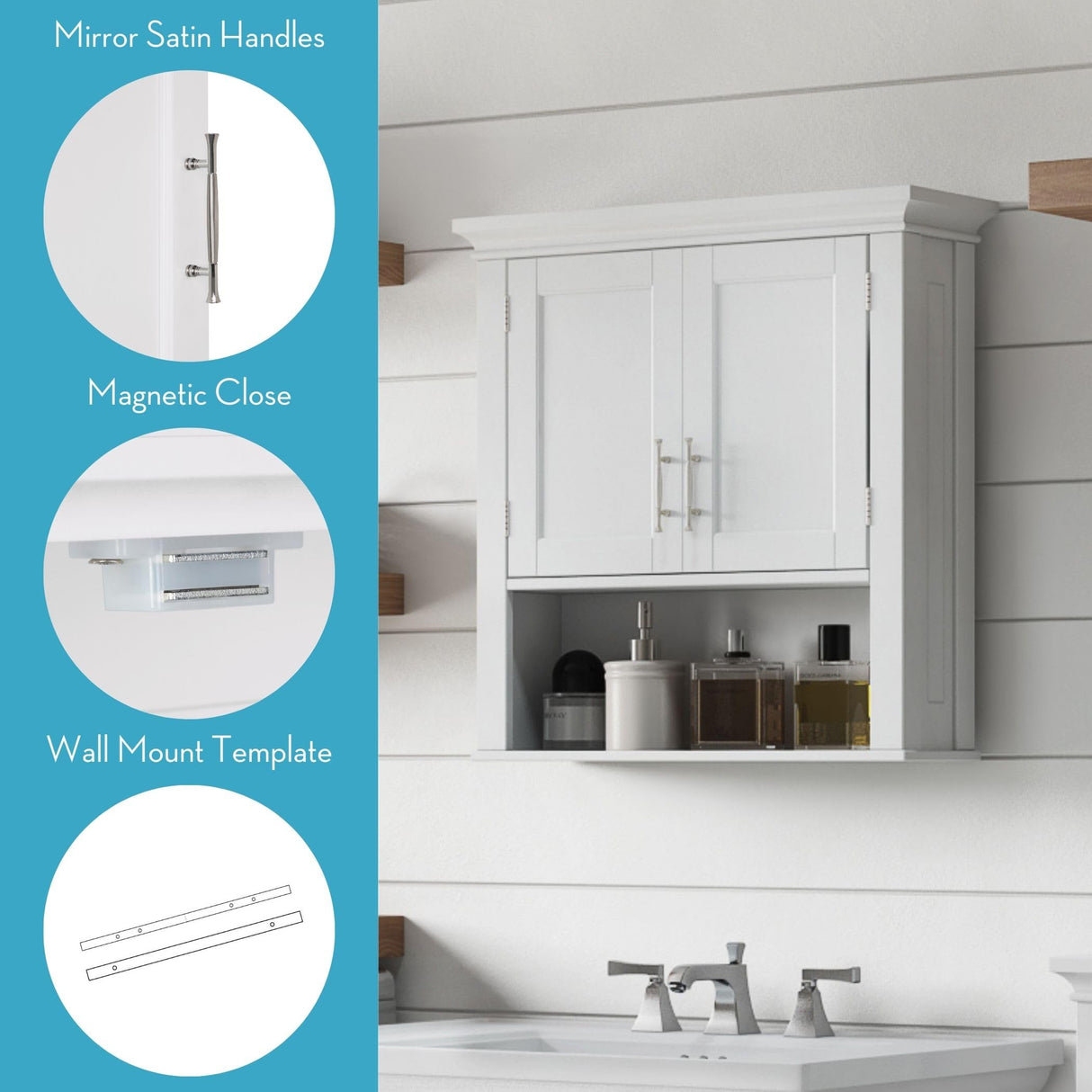RiverRidge Somerset Two-Door Bathroom and Laundry Wall Mount Storage Medicine Cabinet with Open and Adjustable Shelf - White RiverRidge