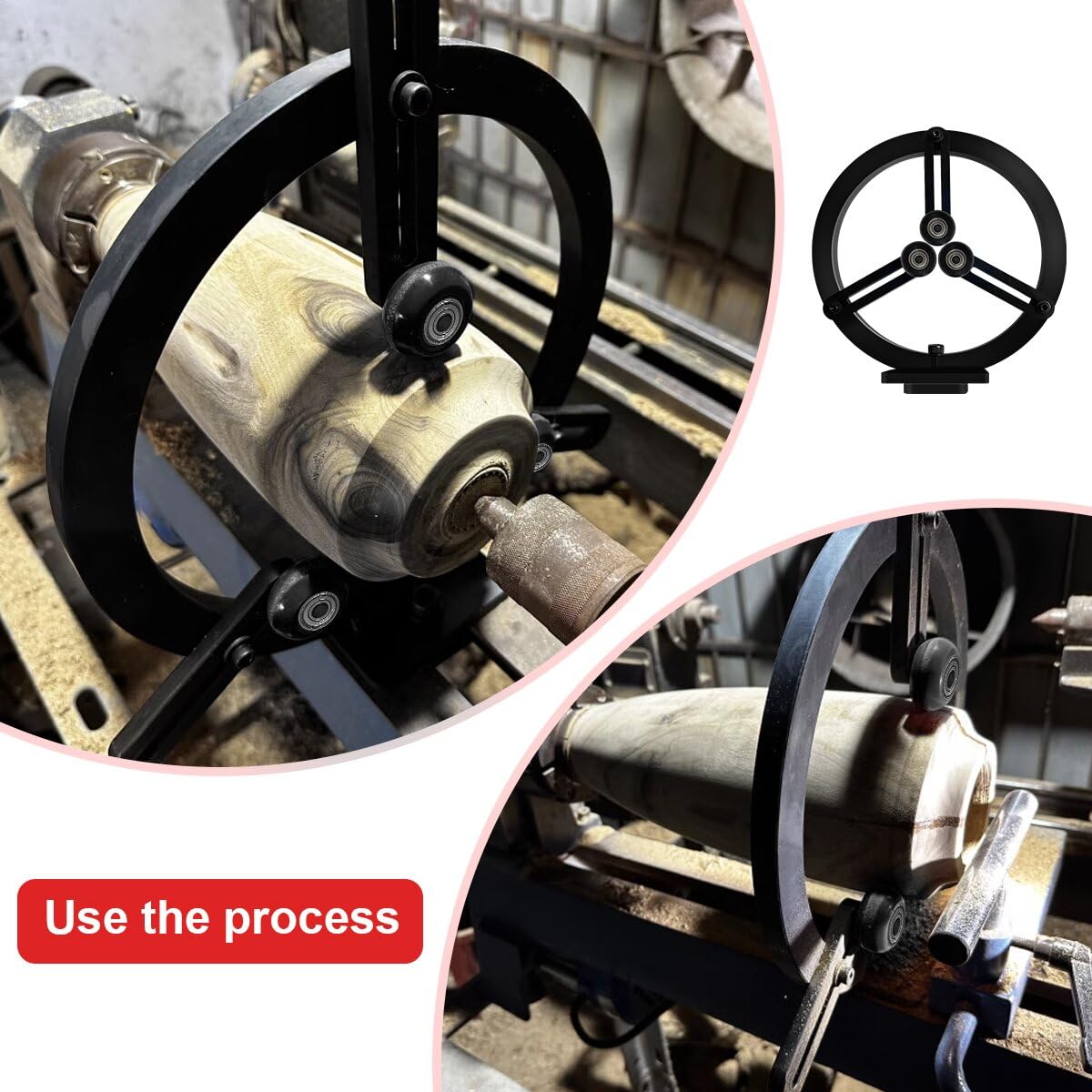 Woodturning Lathe Steady Rest,3-Point Round Steady Rest with 6 Pcs Position-adjustable Wheels for Up to 12in Swing Lathes RUNCHIFEI