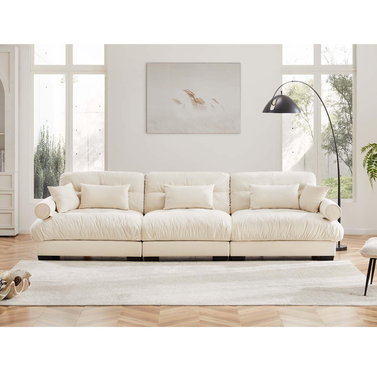 KEIKI 130" Oversized Velvet Modular Sectional Sofa with High-Density Foam Cushion and Bolstered Armrests, Upholstered Modern Style 3-Seater Cloud Couch with 5 Pillow, for Apartment, Living Room, Cream KEIKI