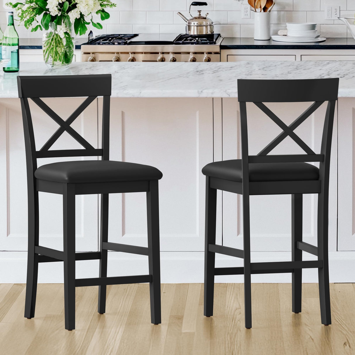 Cozyman 26" Wood Bar Stools Set of 2, Counter Height Bar Stools with Classical X-Shaped Back, Solid Barstools with Rubber Wood Frames and Faux Leather Seat, Black Cozyman
