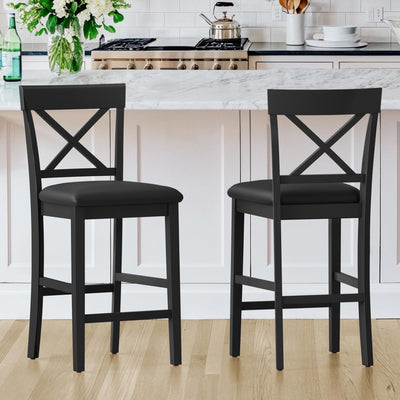 Cozyman 26" Wood Bar Stools Set of 2, Counter Height Bar Stools with Classical X-Shaped Back, Solid Barstools with Rubber Wood Frames and Faux Leather Seat, Black