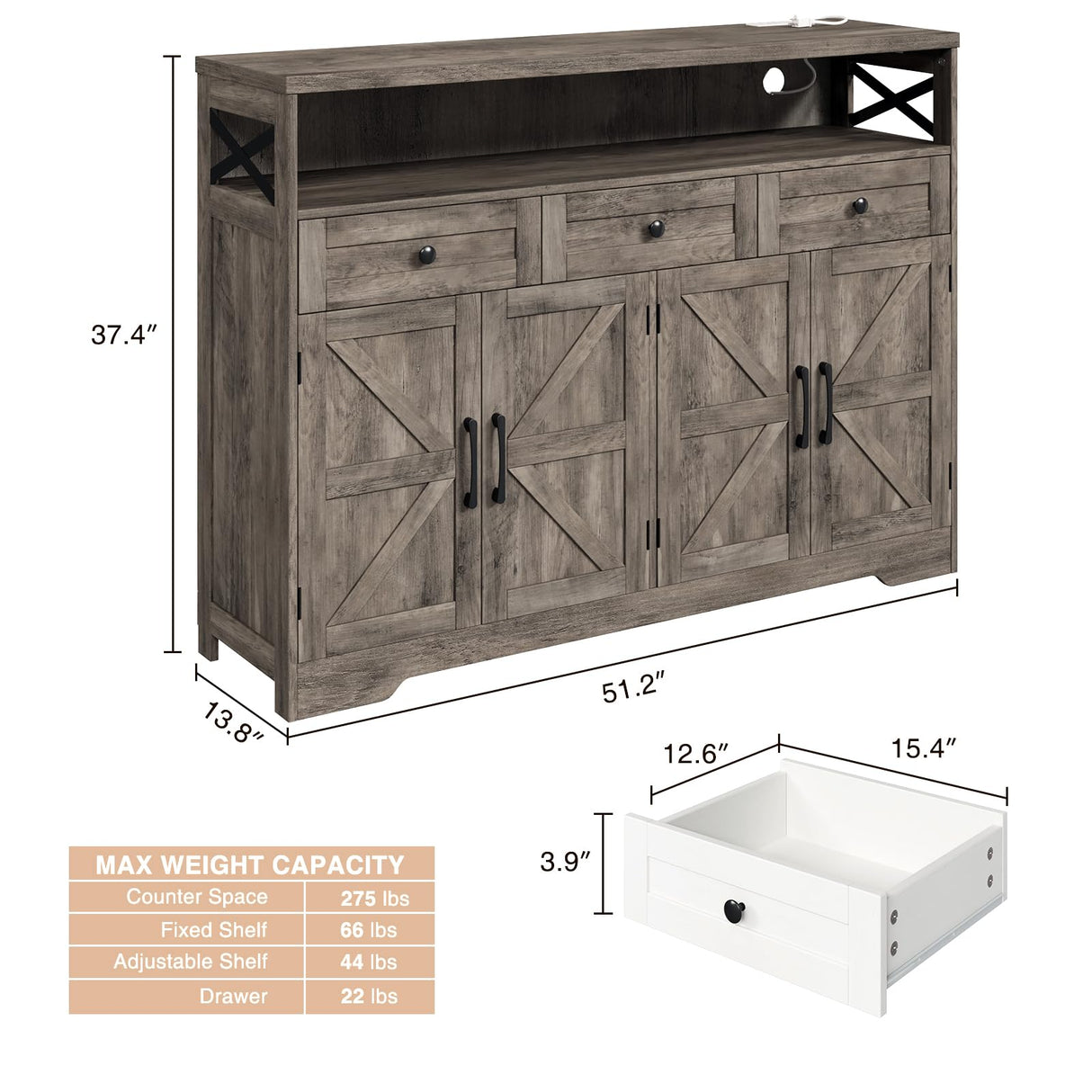 Befrases Farmhouse Buffet Cabinet with Drawers, Sideboard with Storage, Kitchen Pantry Cabinet Hutch, Wood Coffee Bar Station Cabinet for Kitchen, Dining Room, Livingroom, 52" L Rustic Grey Befrases