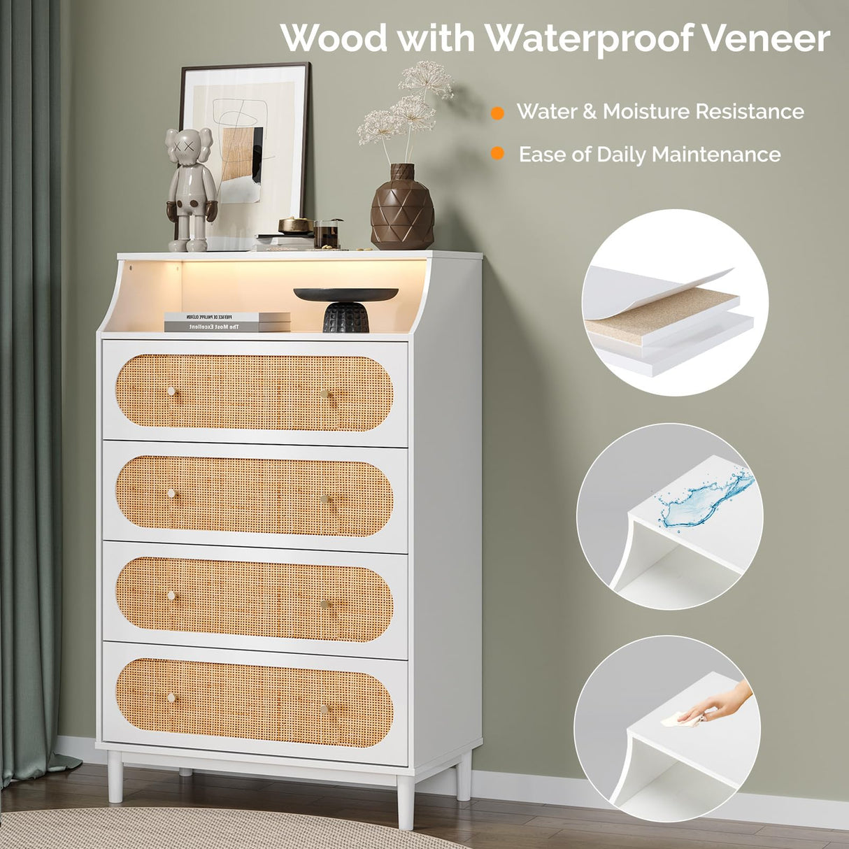 VINGLI White Rattan Dresser with LED Lights, Tall Dresser, Rattan Chest of Drawers for Bedroom, Vertical 4 Drawer Dressers for Bedroom, Boho VINGLI