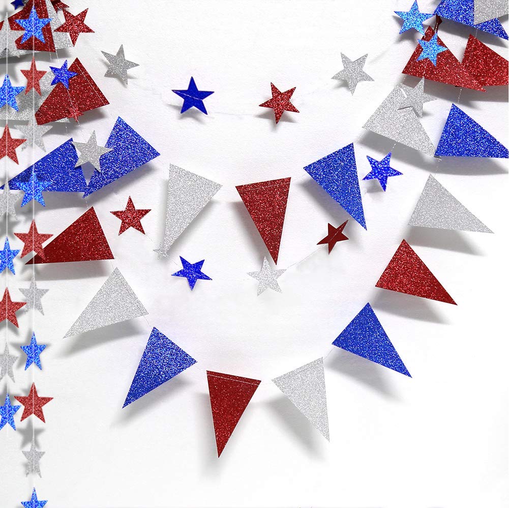 Decor365 Red Blue White/Silver Star Garland Triangle Pennant Banner Kit 4th/Fourth of July USA America Independent Day Celebration Decor Party Hanging Decoration for Bithday/Wedding/Home/Cavinal/Home Decor365