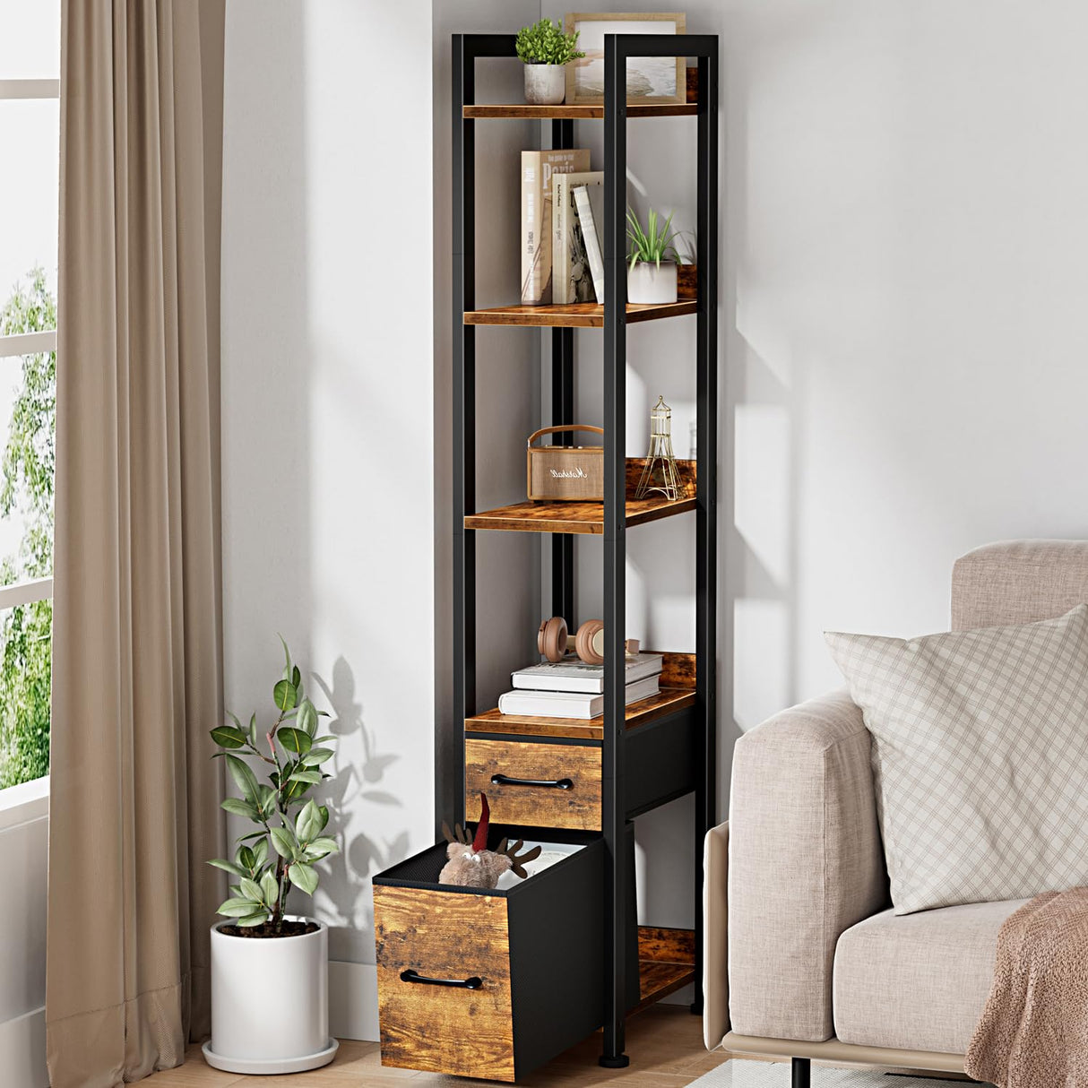 KLUVIS Skinny Bookshelf for Small Spaces - 5 Tier Thin Book Shelf with Storage Drawers Narrow Shelves Slim Bookshelves 2 Fabric Drawer 60 inch Tall, Farmhouse Brown (03BN) KLUVIS