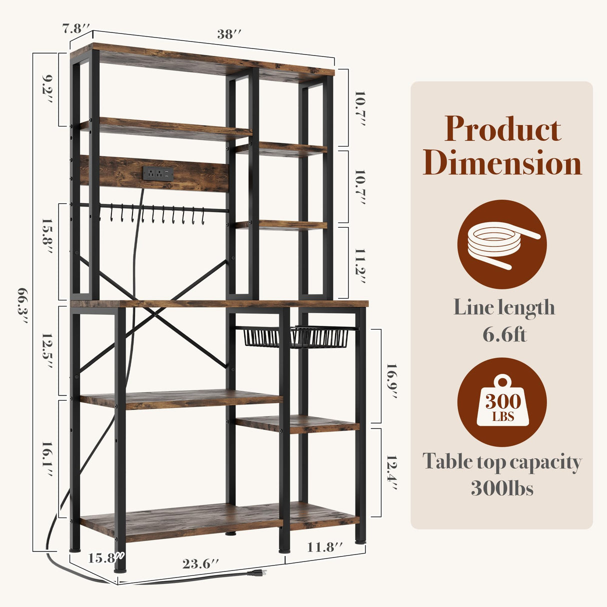 GRUSIGN Kitchen Bakers Rack with Storage, 6-Tier Coffee Bar Station with Power Outlet, Microwave Stand with 12 S-Shaped Hooks, Open Kitchen Storage Shelves for Spices, Pots and Pans, Rustic Brown GRUSIGN