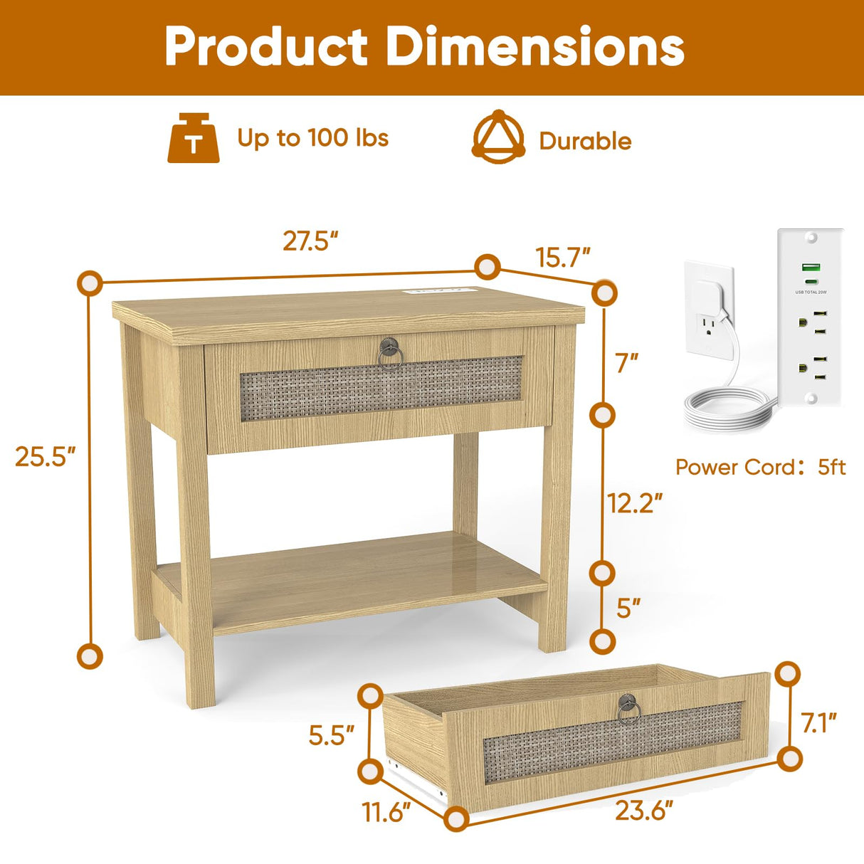 Large Night Stand Set of 2, Bedside Table with Drawers and Open Shelf, Farmhouse Bedroom Nightstand with Charging Station, 27.5" Wide Boho Rattan Side Table for Bedroom, Living Room Arbcoler